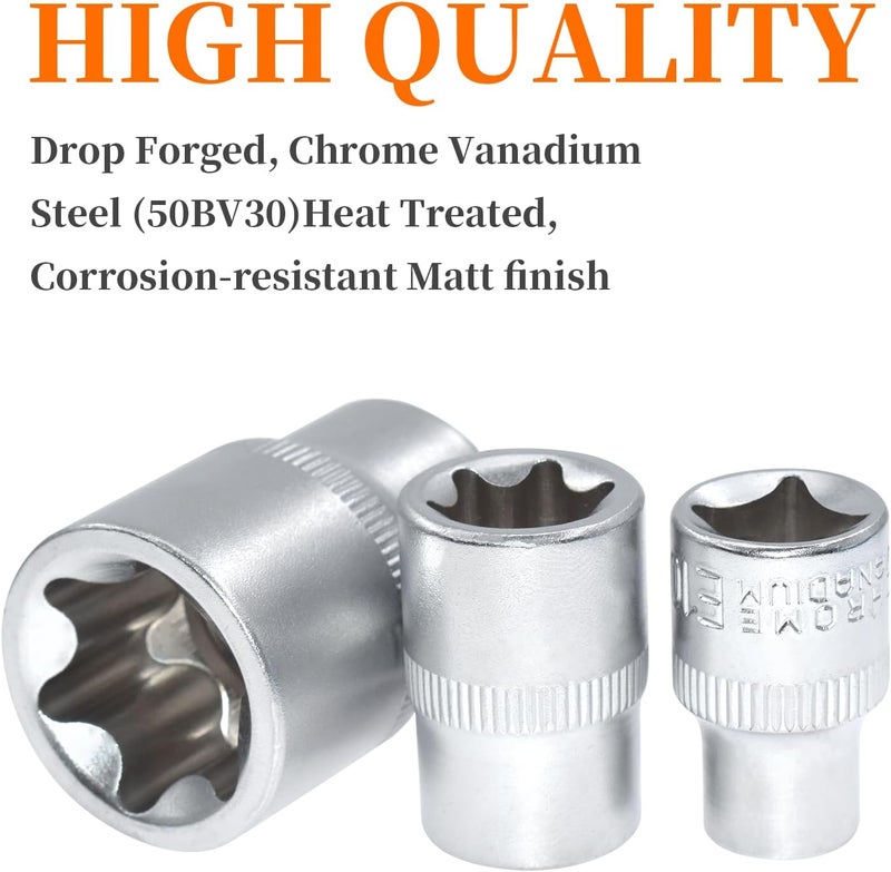 Yuesstloo E-Torx Socket Set, 14 Piece Female E-Torx Star Socket Set, 1/4" 3/8" 1/2" Drive, E4 to E24 External Torque E Socket Set, 14pcs Star Socket Kit - Image 5